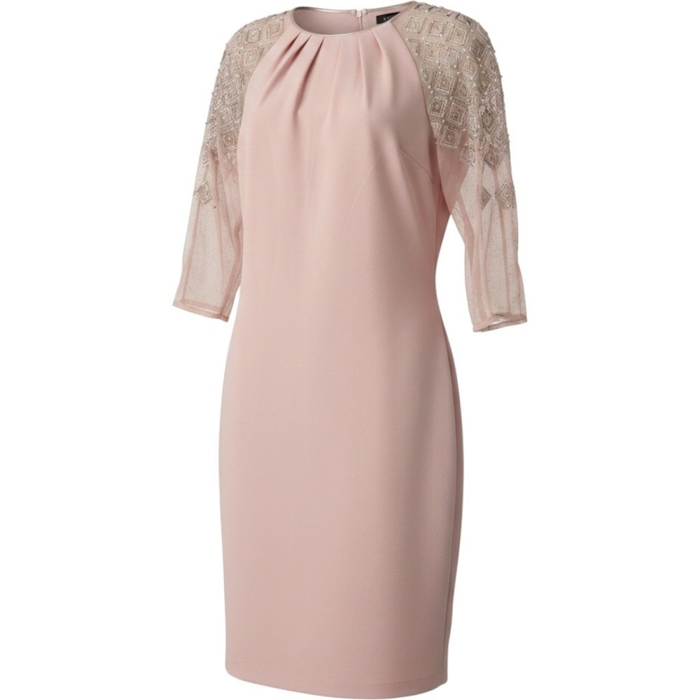 Tahari Martha Blush Pink Beaded Mesh Sleeve Sheath Dress‎ 10 NEW 5218M400